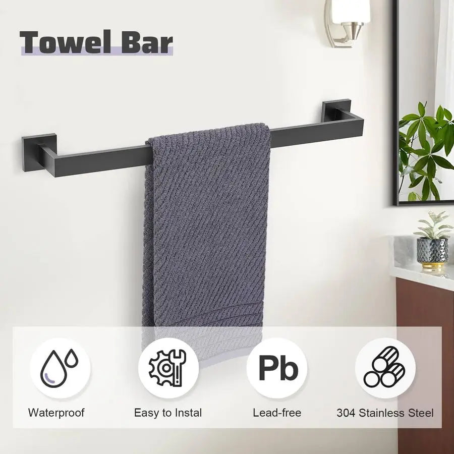 Matte Black Towel Bar Set 5Piece Bathroom Hardware Accessories Set,23.6 Inch Modern Towel Holder Set SUS304 Stainless Steel Towe