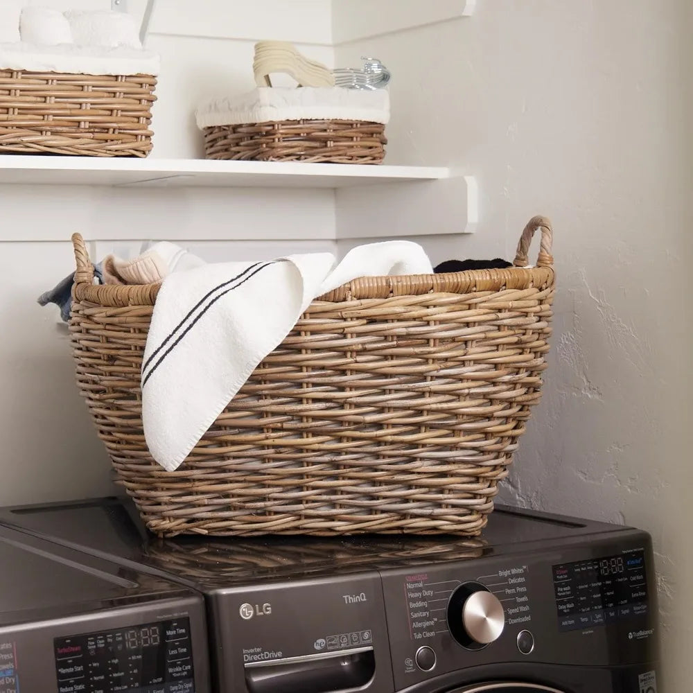 Oval Wicker Laundry Basket, 25x19x14 Inches, Serene Grey, Handwoven Rattan with Removable Liner