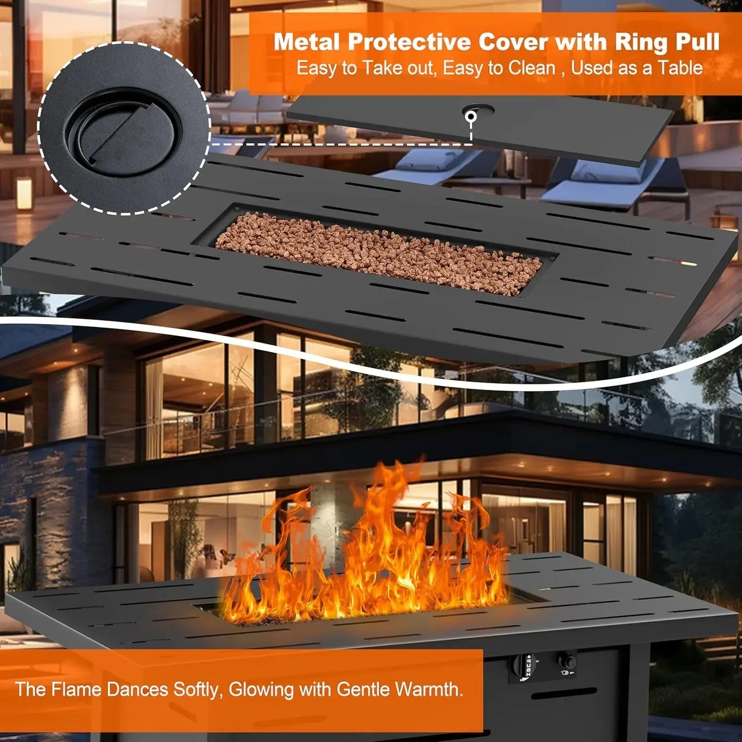 43 inch Outdoor Propane Fire Pit 50,000 BTU Gas Fire Pit Table with Lid, Waterproof Cover, Rectangle Gas Firepit Table