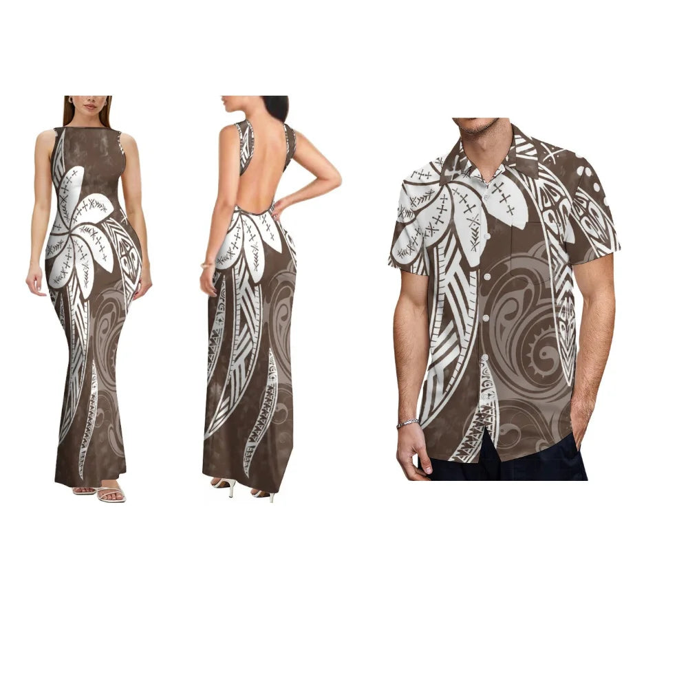 Summer Comfortable And Soft Fabric Couple'S Dress Women'S Dress Floral Design Backless Sleeveless Long Fitted Dress Men'S Shirt