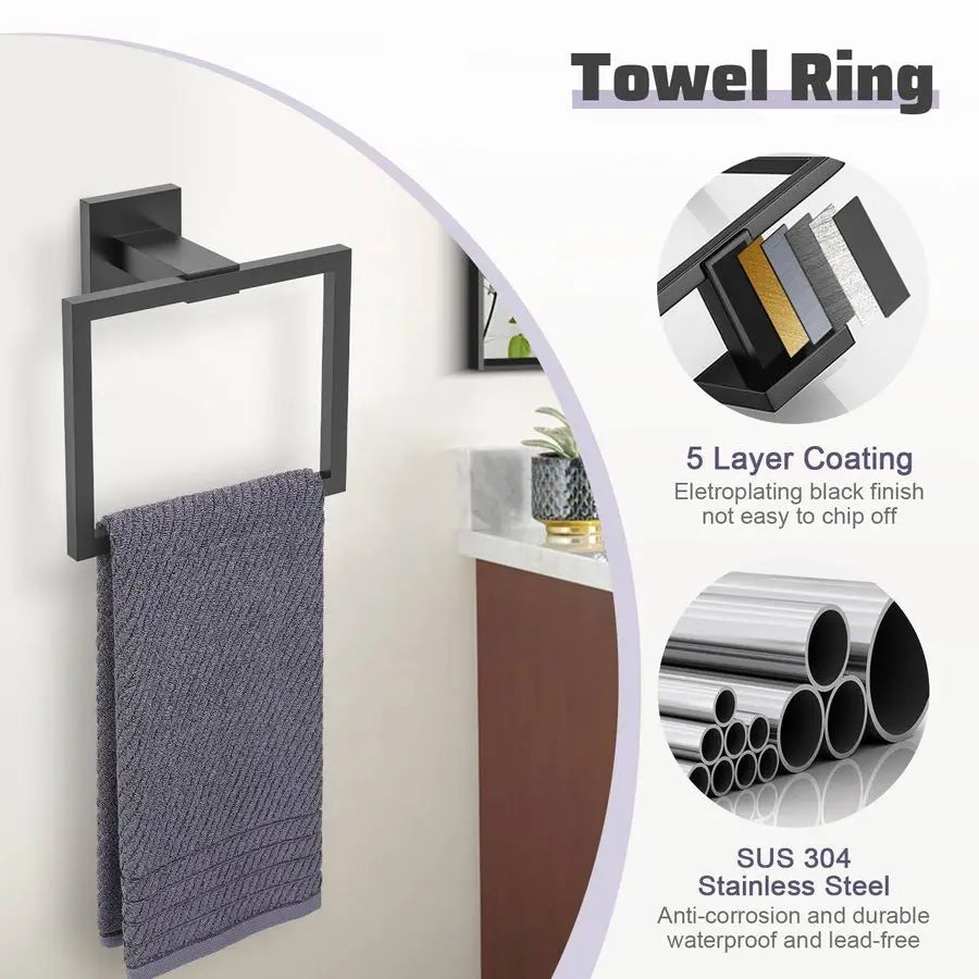 Matte Black Towel Bar Set 5Piece Bathroom Hardware Accessories Set,23.6 Inch Modern Towel Holder Set SUS304 Stainless Steel Towe