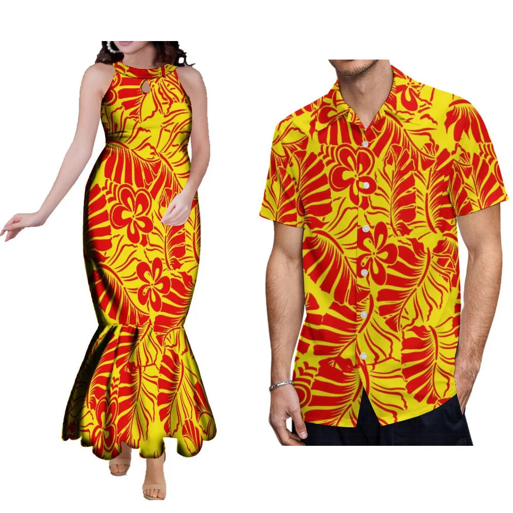 Floral Print Polynesian Couple Set Samoa Tonga Ladies Fashion Evening Dress Hip Wrap Fishtail Dress Party Men'S Shirt