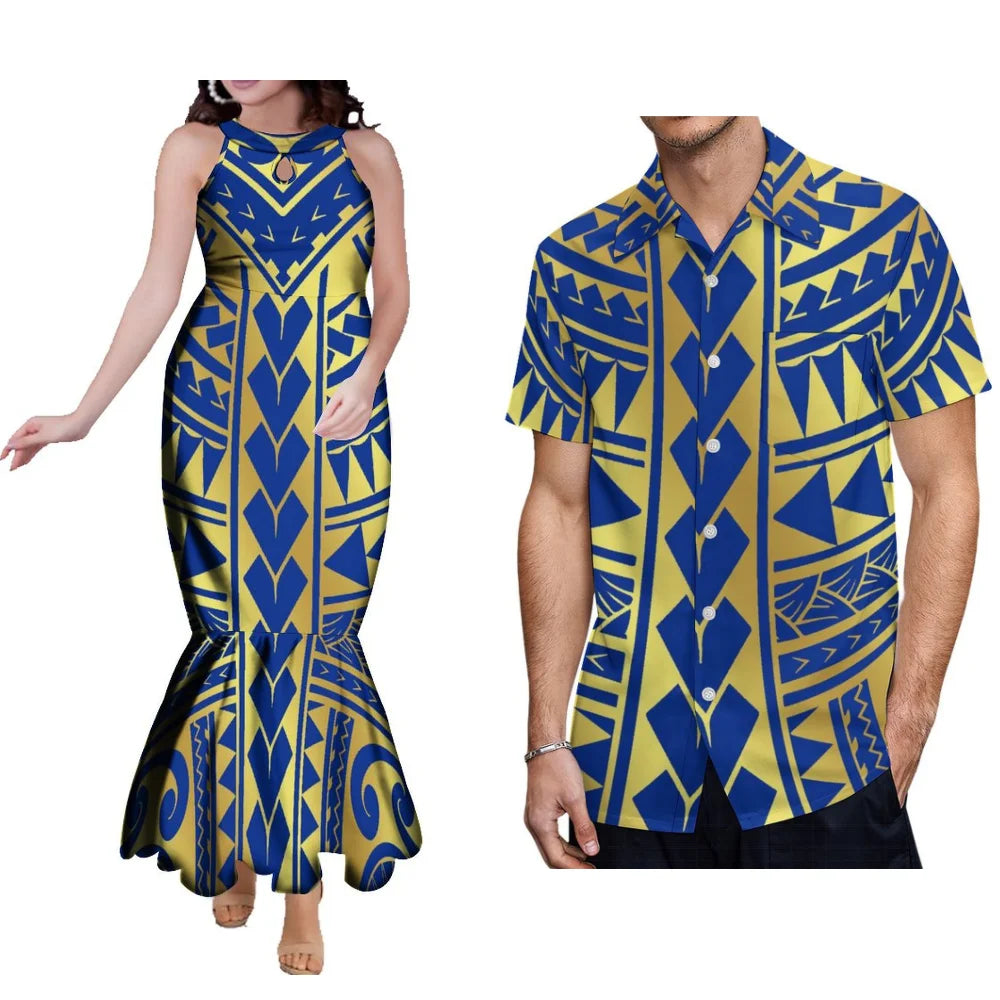 Floral Print Polynesian Couple Set Samoa Tonga Ladies Fashion Evening Dress Hip Wrap Fishtail Dress Party Men'S Shirt