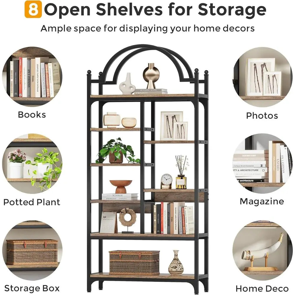 8-Tier Industrial Arched Etagere Bookcase, Open Display Storage Shelf for Living Room, Bedroom, Home Office, Rustic Brown