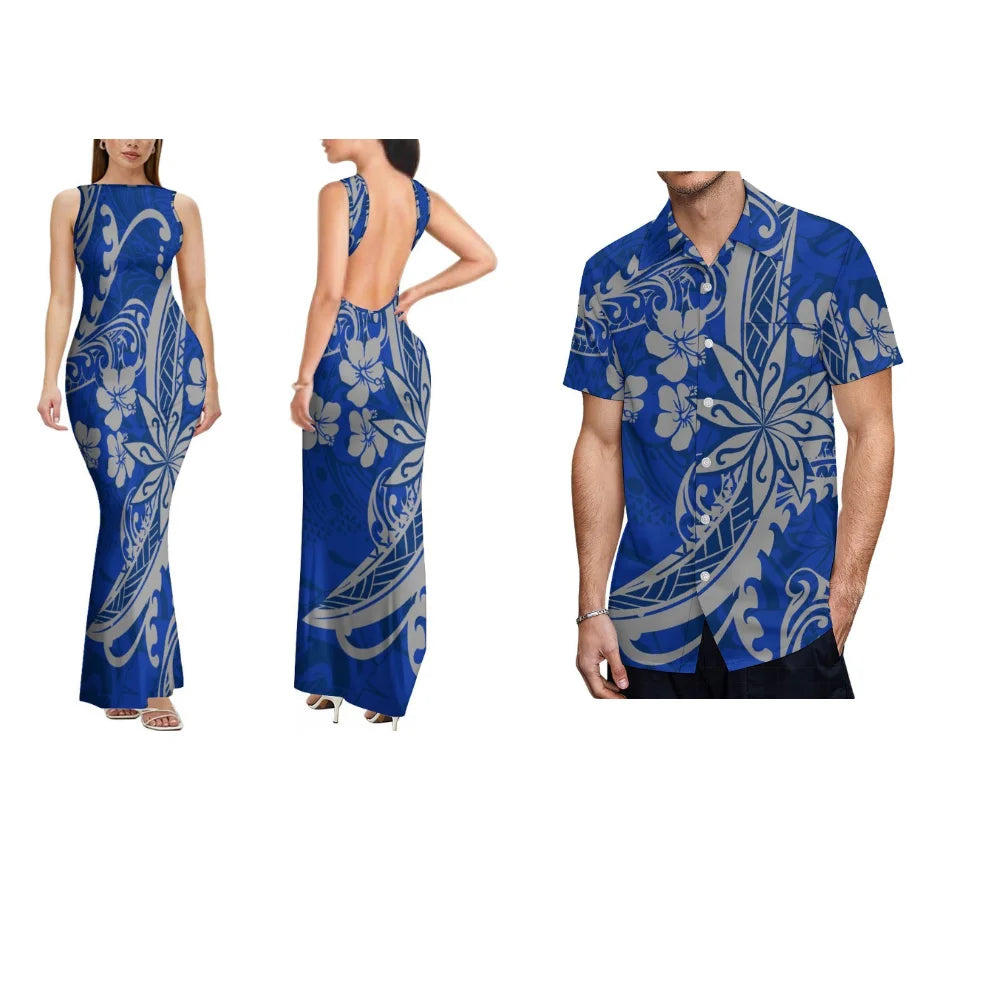 Summer Comfortable And Soft Fabric Couple'S Dress Women'S Dress Floral Design Backless Sleeveless Long Fitted Dress Men'S Shirt