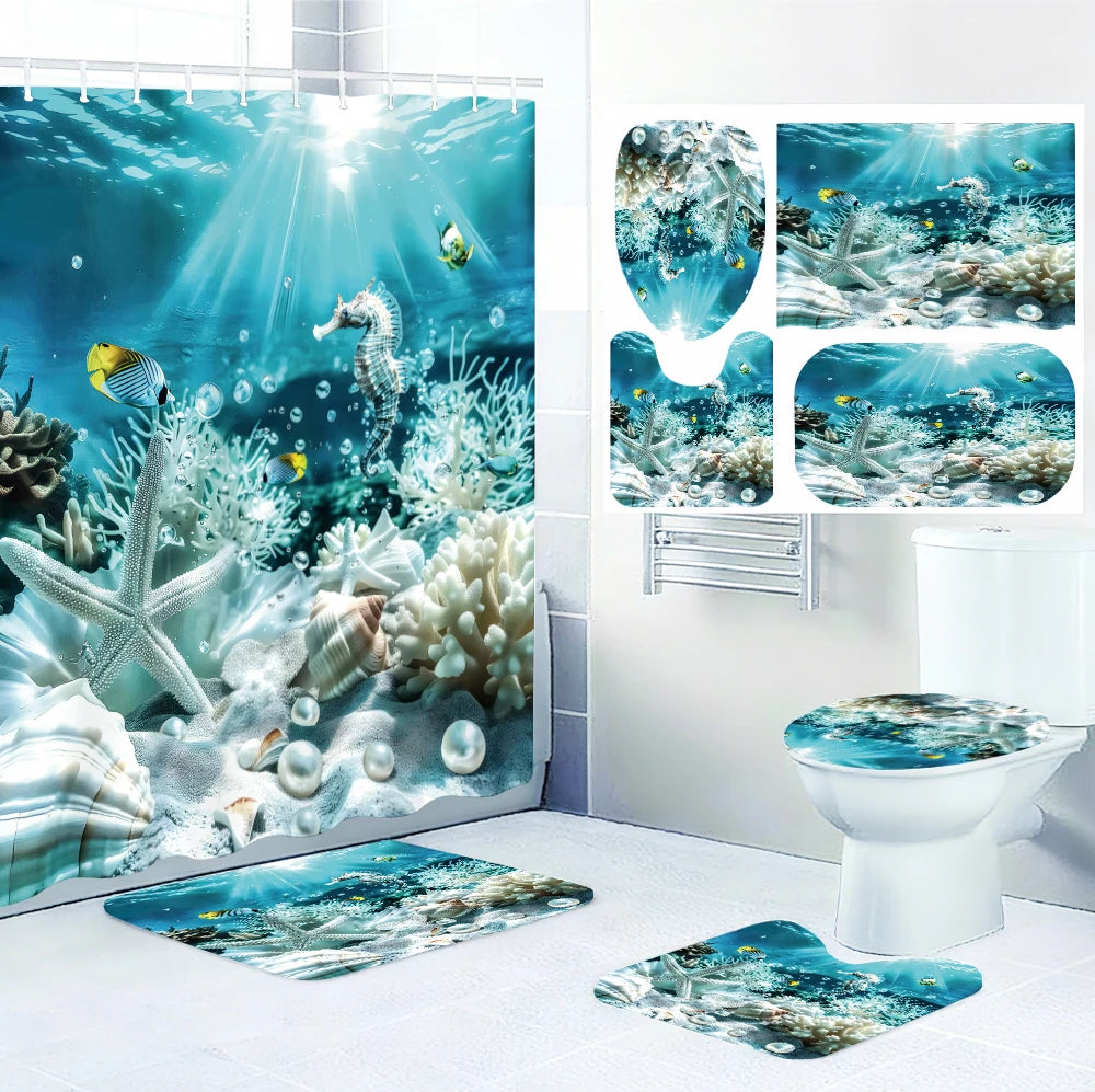 Ocean Bathroom Four-piece Set - Avant-garde Waterproof Shower Curtain, creating a complete bathroom kit