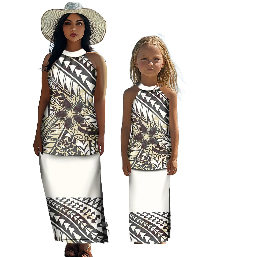 Polynesian Tribal Matching Family Outfits Samoan Puletasi Dress Toddler Girls Dresses Kids Clothes