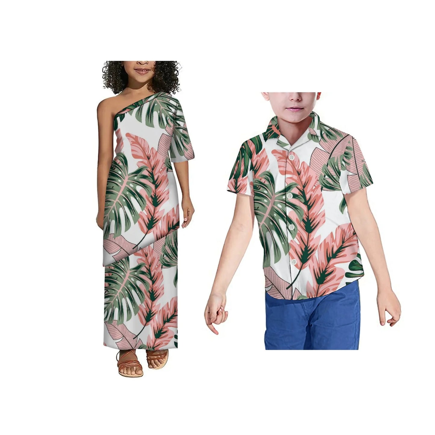 Hot Sale Custom Polynesian Tribal Print Girls Puletasi Kids Off Shoulder Toddler Dress Children 2 Piece Set Dress