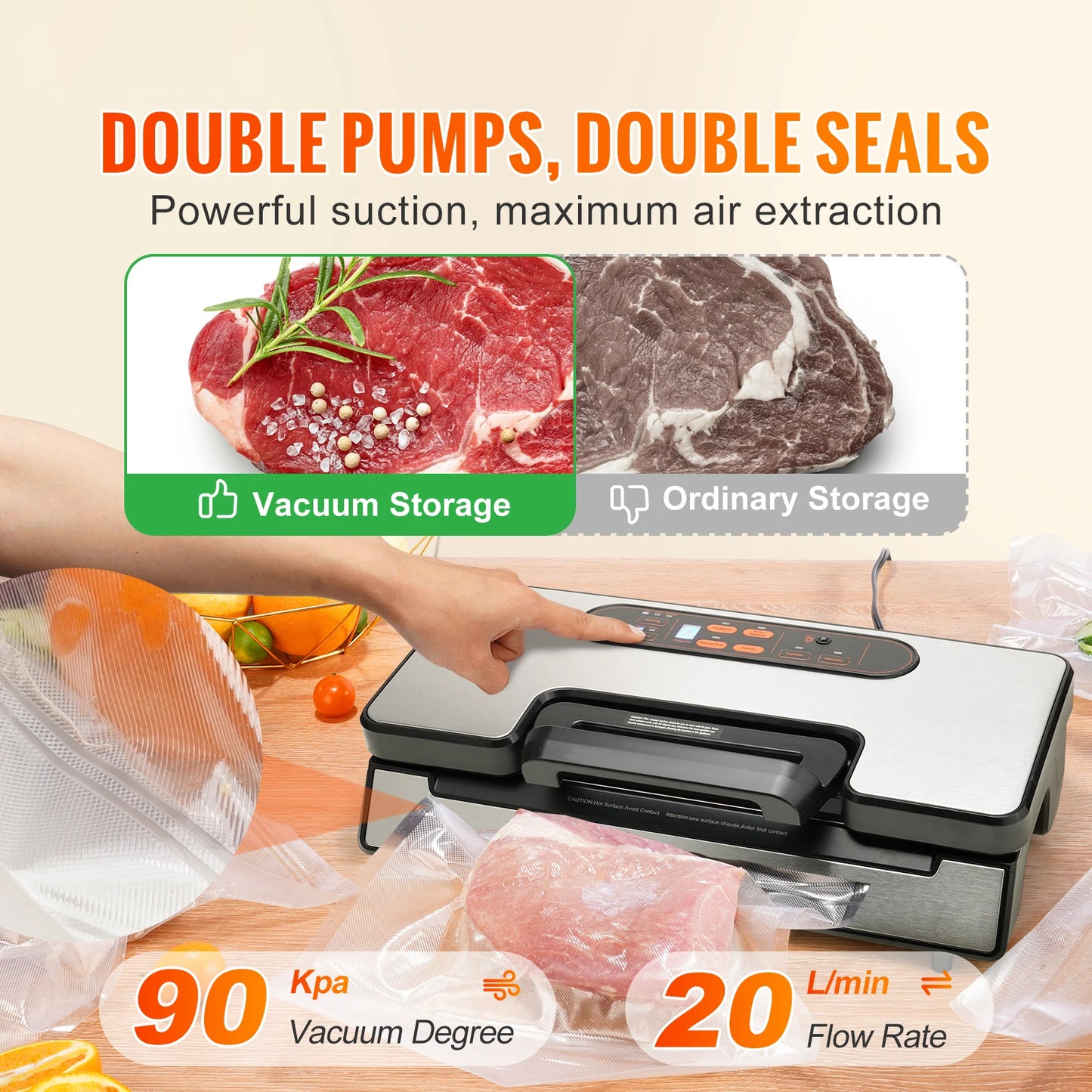 130W Vacuum Sealer Food Packaging Machine with Free 10pcs Vacuum bags for Household Kitchen Vacuum Food Sealing