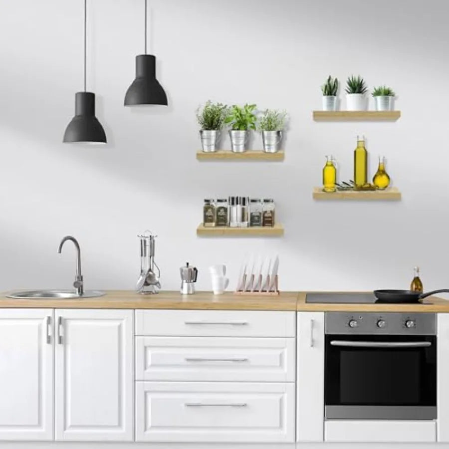 4 Pack Maple Wood Floating Shelves for Wall Bathroom Kitchen Bedroom Living Room Over Toilet Hanging Book Shelf Home Decor Brow