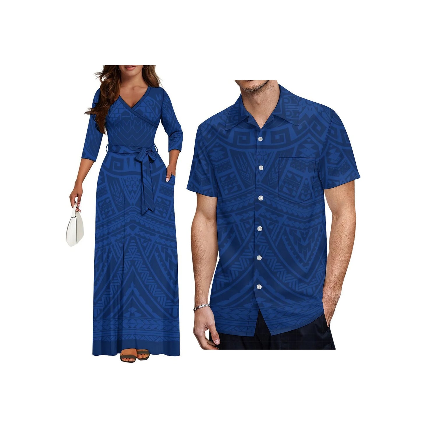 Wholesale Custom Half Sleeve V Neck Tie-Up Long Dress Polynesian Tribal Design High Waist Belt Pocket Ladies Dress