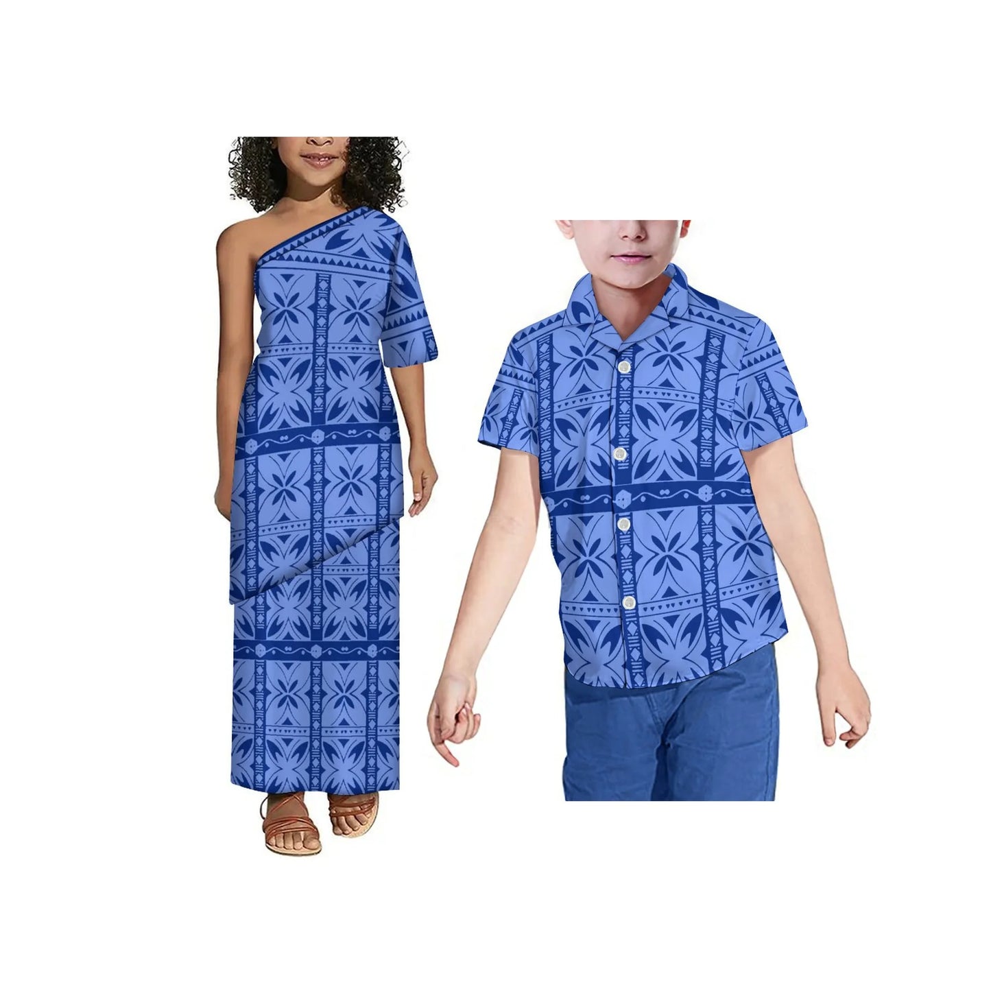 Drop Shipping Tonga Polynesian Tribal Print Summer Kids Off Shoulder Short Sleeve Dress Samoan Puletasi Clothes 2 Pieces Sets