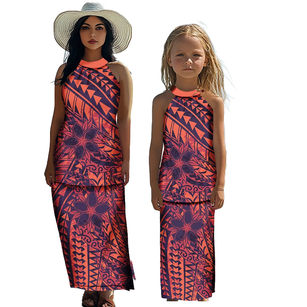 Polynesian Tribal Matching Family Outfits Samoan Puletasi Dress Toddler Girls Dresses Kids Clothes