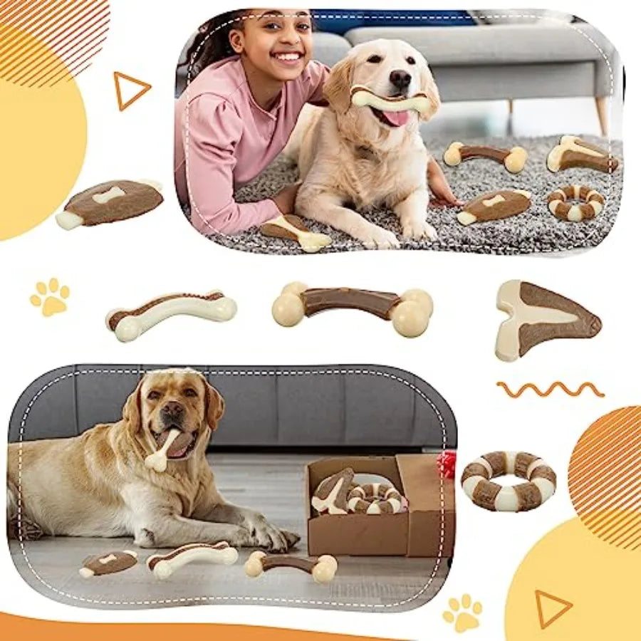 6 Pieces Chew Toys for Aggressive Chewers Real Beef Flavor Dog Teething Chew Bones