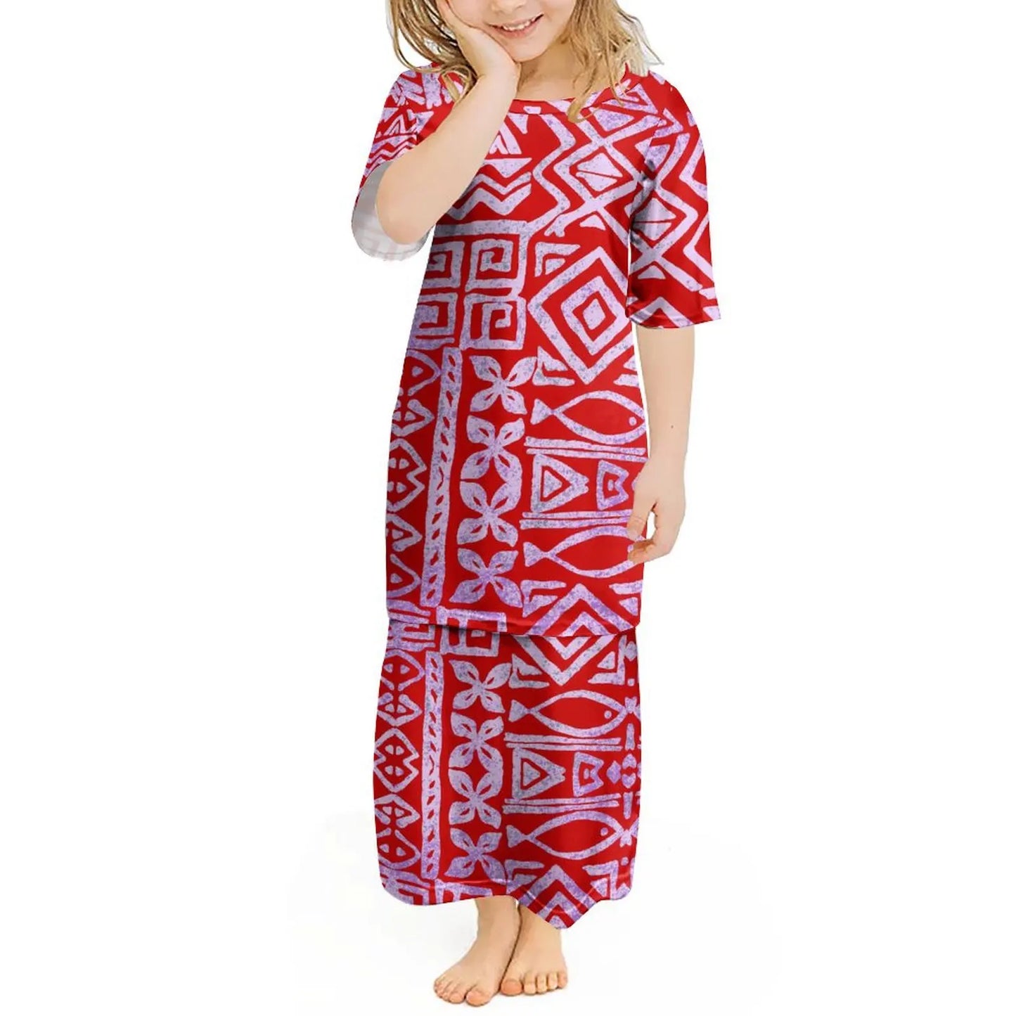 Custom Polynesian Girls Puletasi Pacific Island Floral Print Summer Crewneck Short Sleeve Maxi Party Kids Set Dress