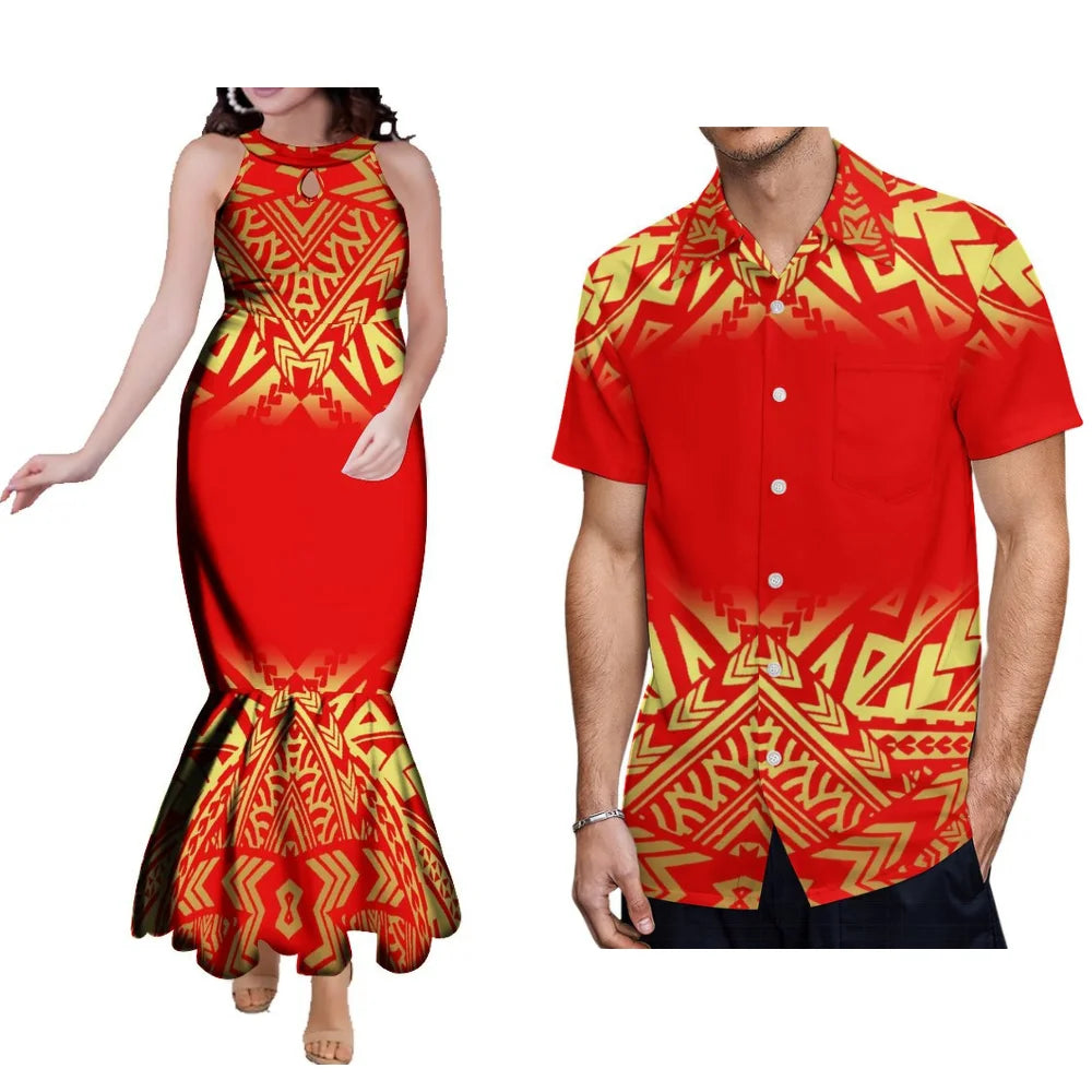 Floral Print Polynesian Couple Set Samoa Tonga Ladies Fashion Evening Dress Hip Wrap Fishtail Dress Party Men'S Shirt