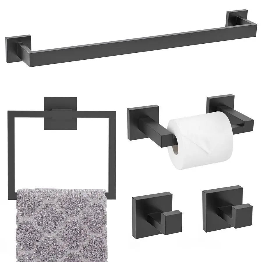 Matte Black Towel Bar Set 5Piece Bathroom Hardware Accessories Set,23.6 Inch Modern Towel Holder Set SUS304 Stainless Steel Towe