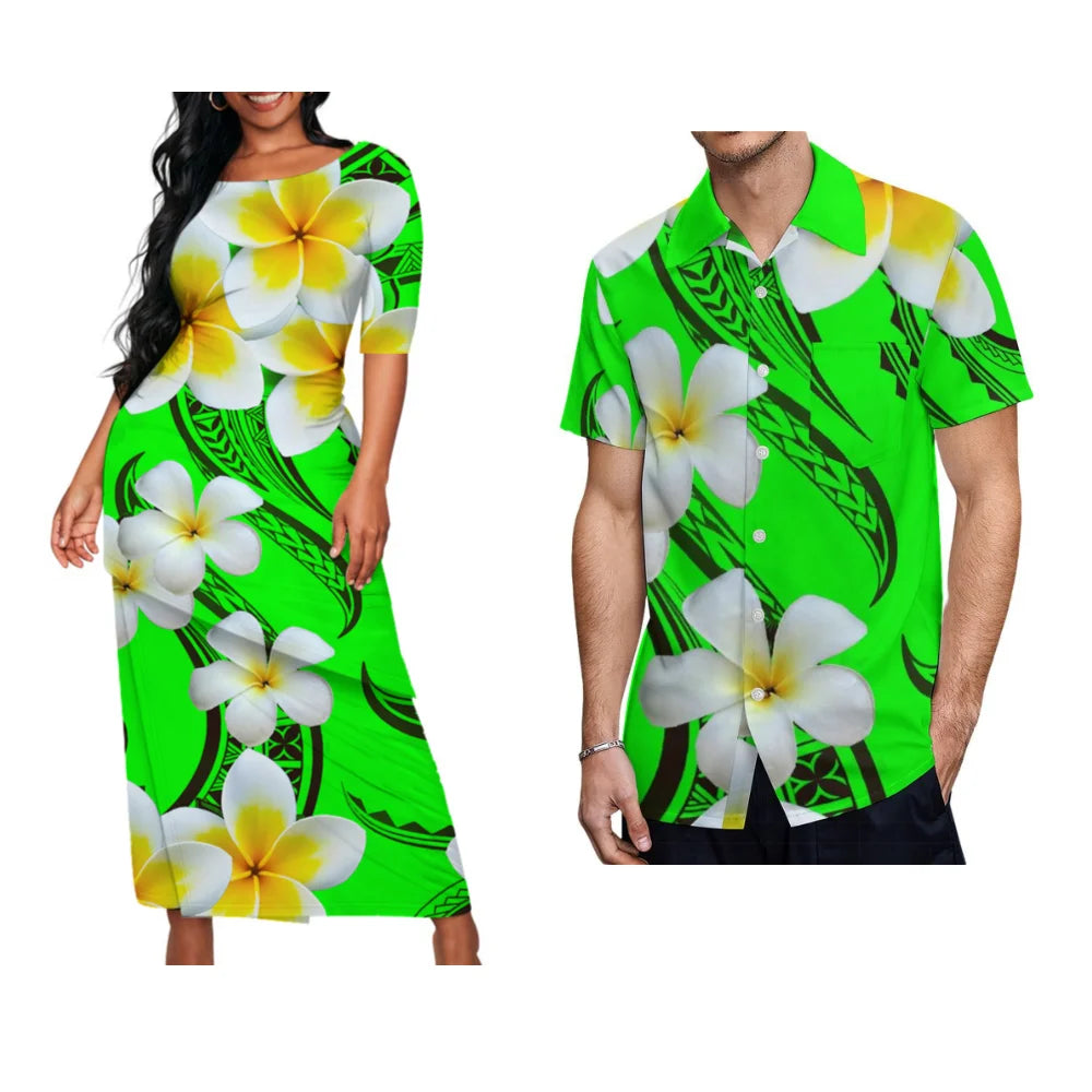 Polynesian Floral Print Custom Summer Crew-Neck Puletasi Diagonal Design New Set  Matching Clothing