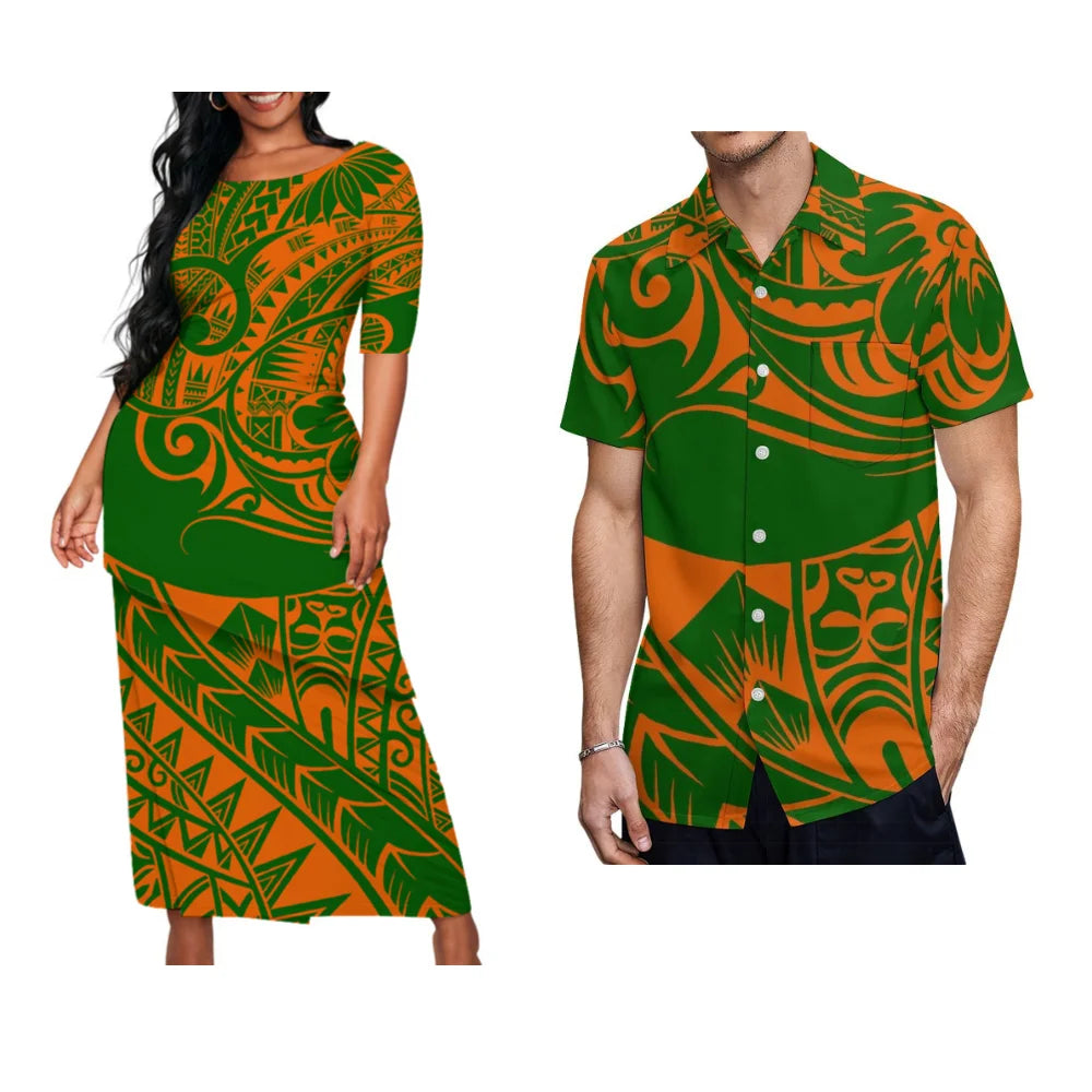 Polynesian Floral Print Custom Summer Crew-Neck Puletasi Diagonal Design New Set  Matching Clothing