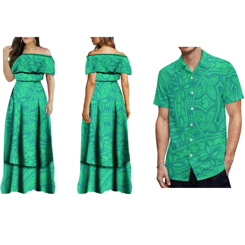 Hawaiian Floral Print Women'S Off-The-Shoulder Long Dress Cocktail Evening Dress And Men's Shirt Polynesian With Couple Suits