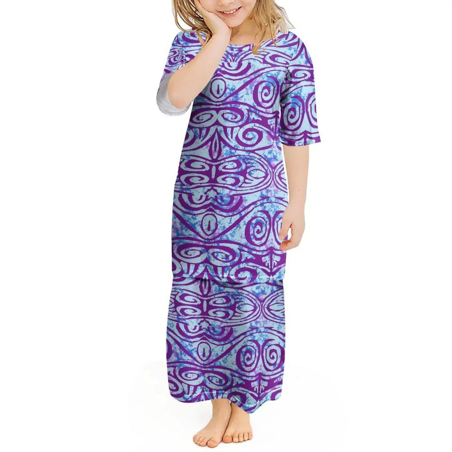 Custom Polynesian Girls Puletasi Pacific Island Floral Print Summer Crewneck Short Sleeve Maxi Party Kids Set Dress