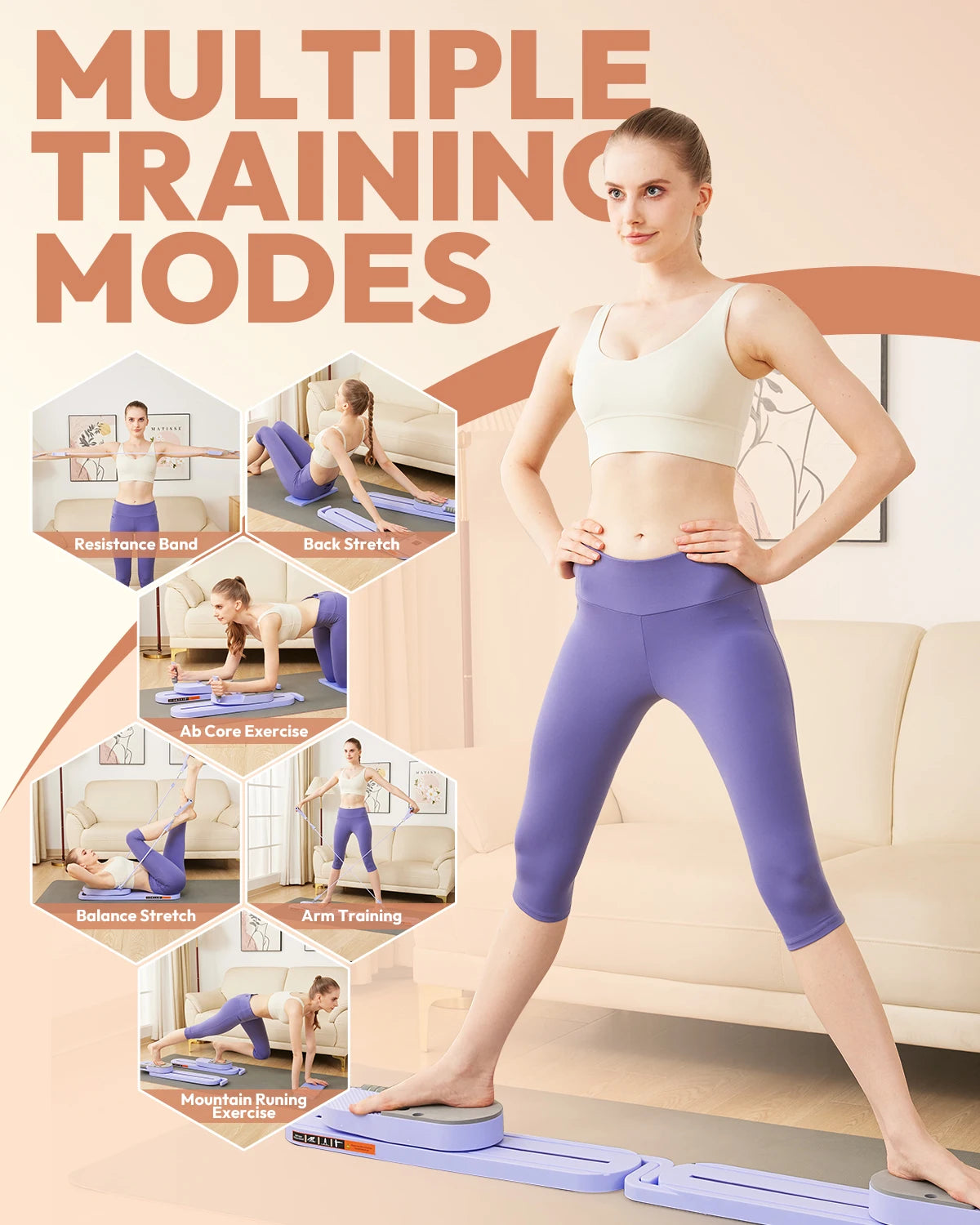 Pilates Board with Resistance Bands Portable Pilates Reformer Multi-functional Full Body Fitness Board for Women Home Workout