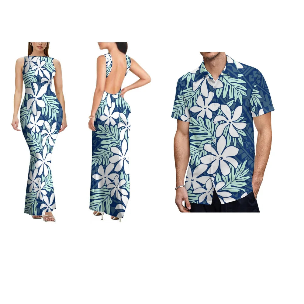 Summer Comfortable And Soft Fabric Couple'S Dress Women'S Dress Floral Design Backless Sleeveless Long Fitted Dress Men'S Shirt
