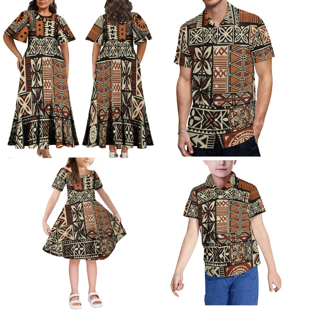 Summer Short Sleeve Fiji Island Style Women's Dress Men's Shirt Polynesian Art Print Art Family Party Set