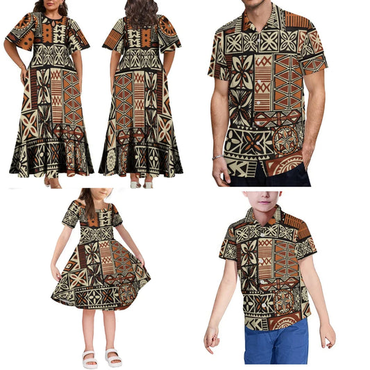 Summer Short Sleeve Fiji Island Style Women's Dress Men's Shirt Polynesian Art Print Art Family Party Set