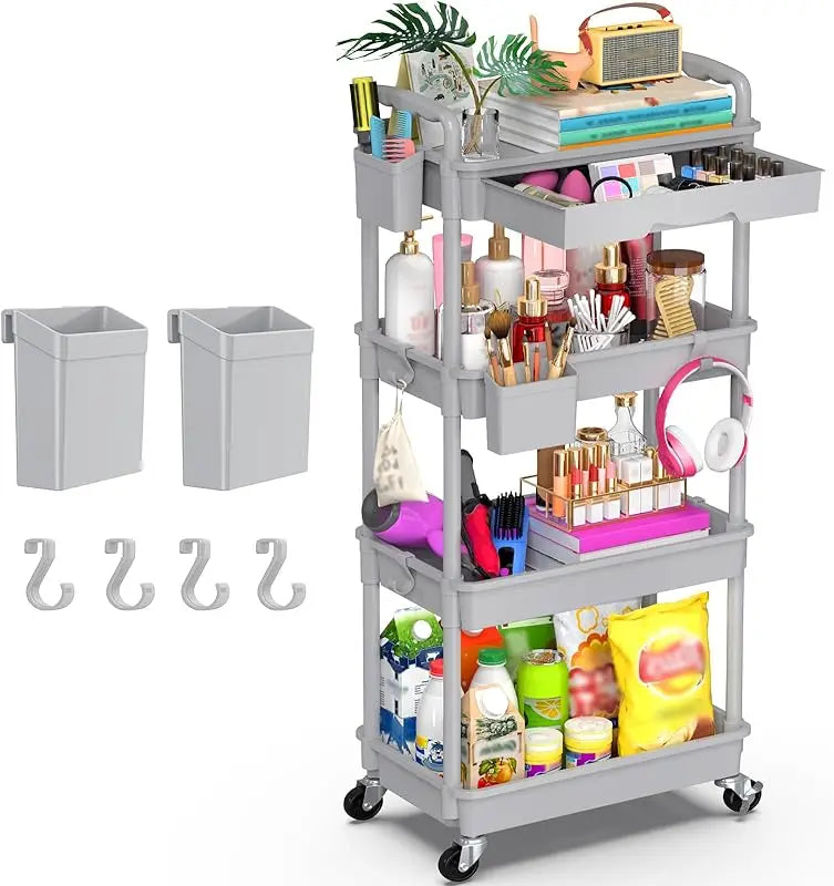 3 Tier Rolling Utility Cart Organizer with Removable Drawer, Stable and Sturdy White Rolling Storage Carts