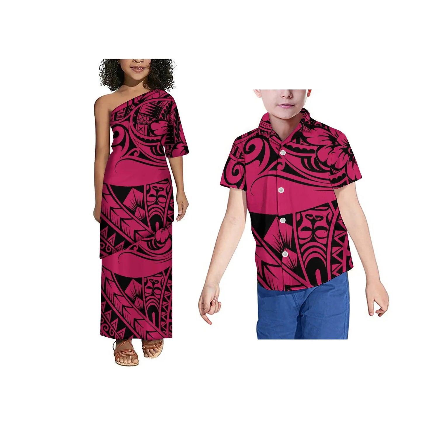 Hot Sale Custom Polynesian Tribal Print Girls Puletasi Kids Off Shoulder Toddler Dress Children 2 Piece Set Dress