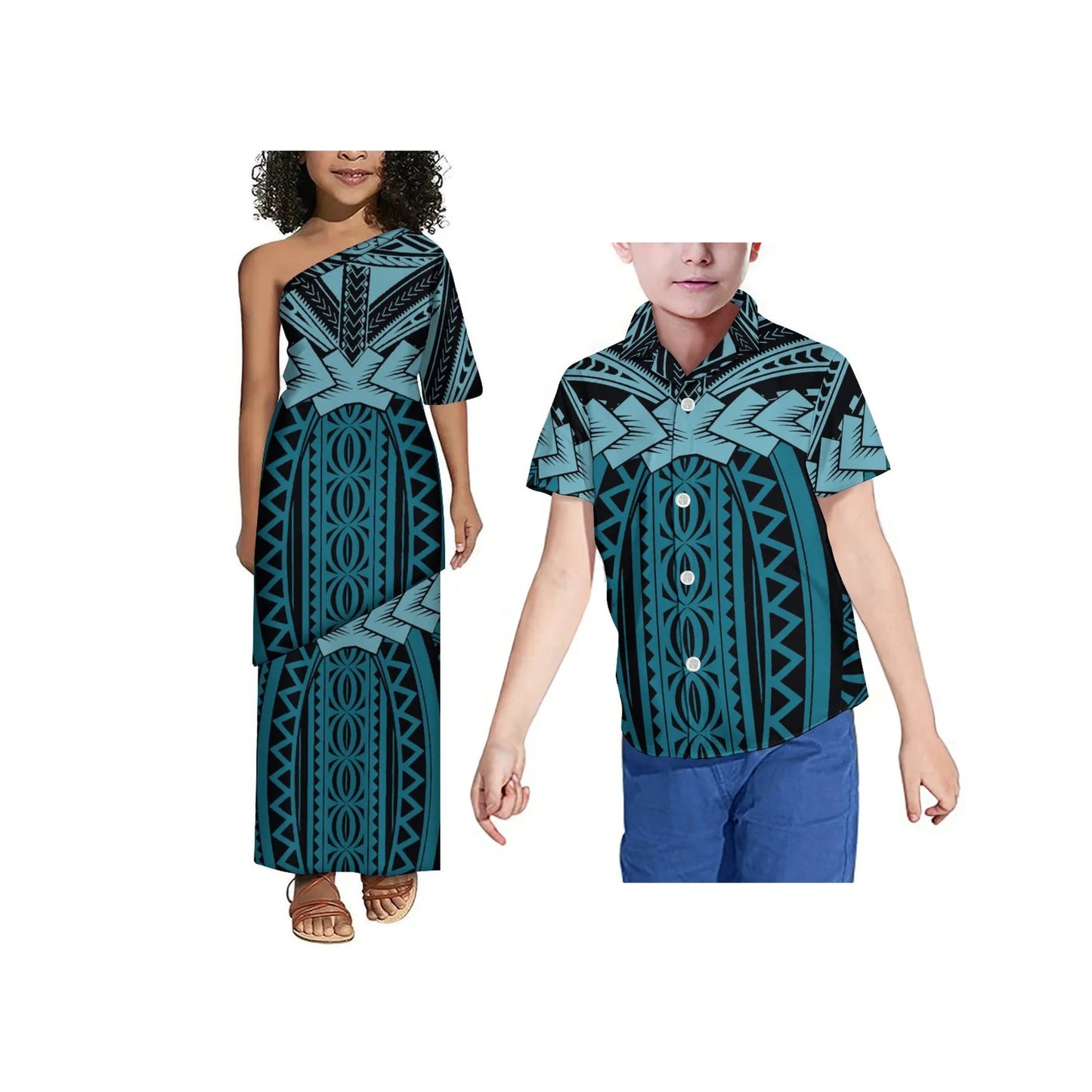 Drop Shipping Tonga Polynesian Tribal Print Summer Kids Off Shoulder Short Sleeve Dress Samoan Puletasi Clothes 2 Pieces Sets