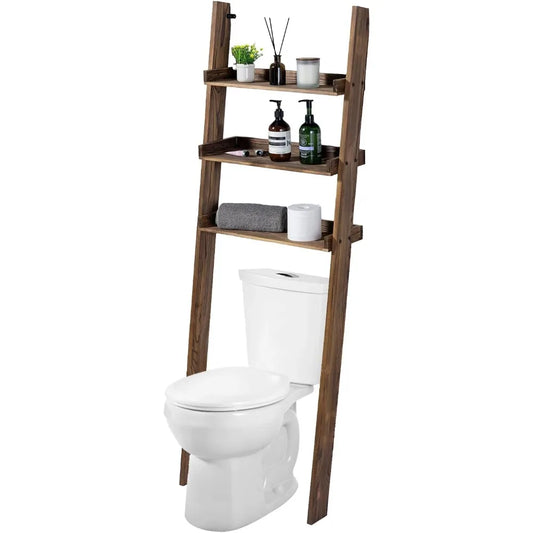 5.5 Foot Tall Rustic Burnt Wood Over Toilet 3-Tier Standing Shelf Bathroom Organizer