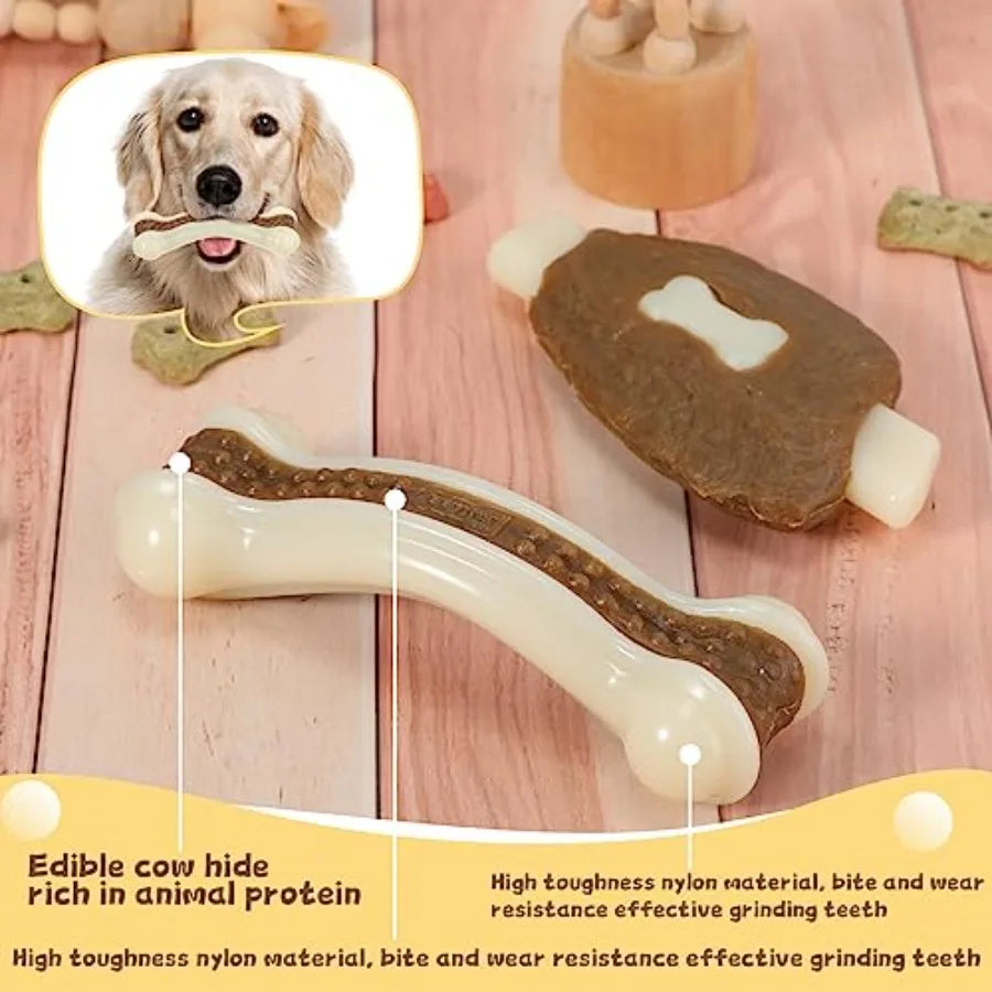 6 Pieces Chew Toys for Aggressive Chewers Real Beef Flavor Dog Teething Chew Bones