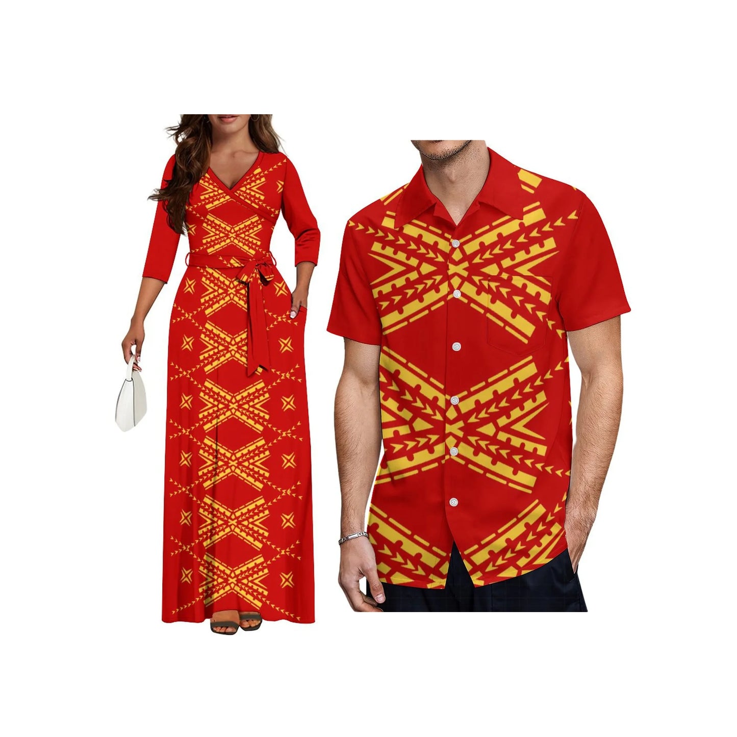 Wholesale Custom Half Sleeve V Neck Tie-Up Long Dress Polynesian Tribal Design High Waist Belt Pocket Ladies Dress