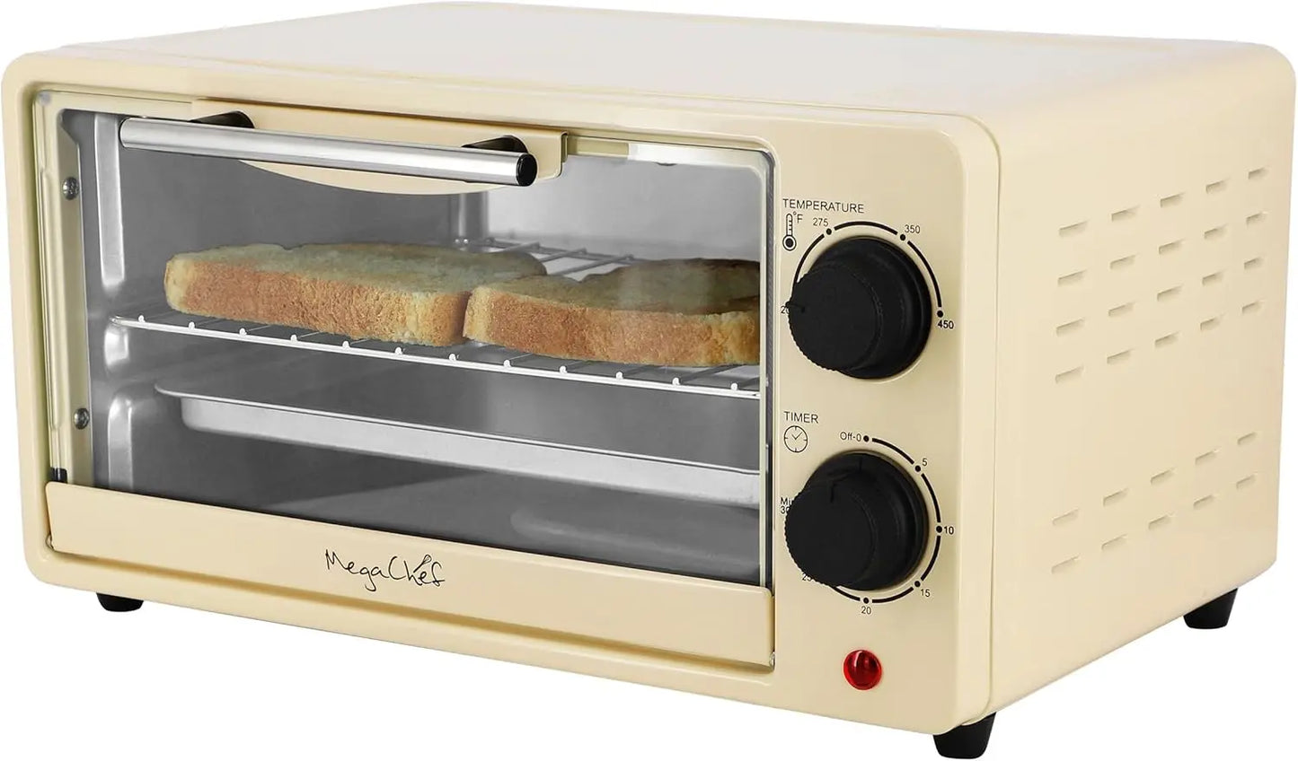 9.5 Quart Electric Counter Top 2 Slice Toaster Oven with Built in Timer, Bake, Broil, Toast (Cream)