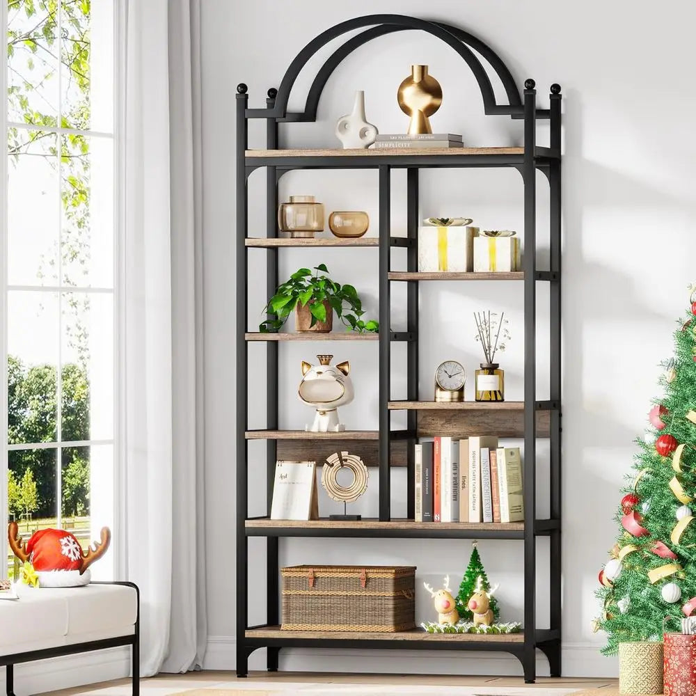 8-Tier Industrial Arched Etagere Bookcase, Open Display Storage Shelf for Living Room, Bedroom, Home Office, Rustic Brown