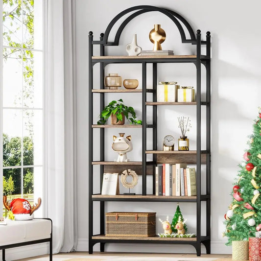 8-Tier Industrial Arched Etagere Bookcase, Open Display Storage Shelf for Living Room, Bedroom, Home Office, Rustic Brown