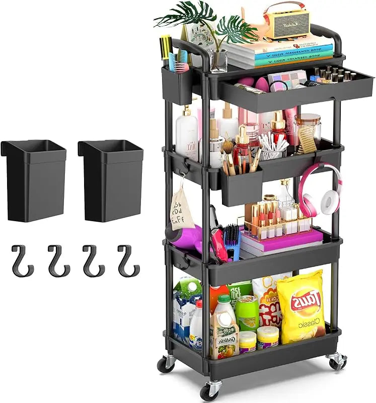 3 Tier Rolling Utility Cart Organizer with Removable Drawer, Stable and Sturdy White Rolling Storage Carts