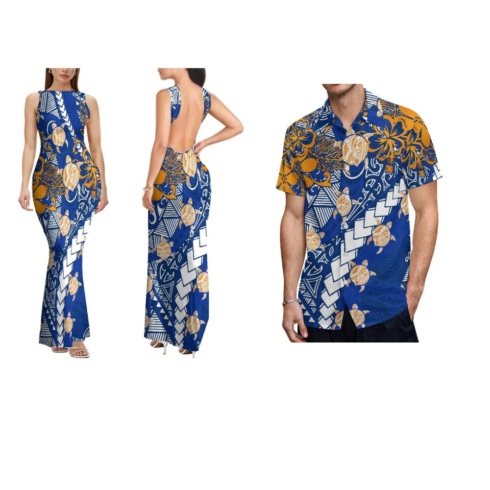 Summer Comfortable And Soft Fabric Couple'S Dress Women'S Dress Floral Design Backless Sleeveless Long Fitted Dress Men'S Shirt