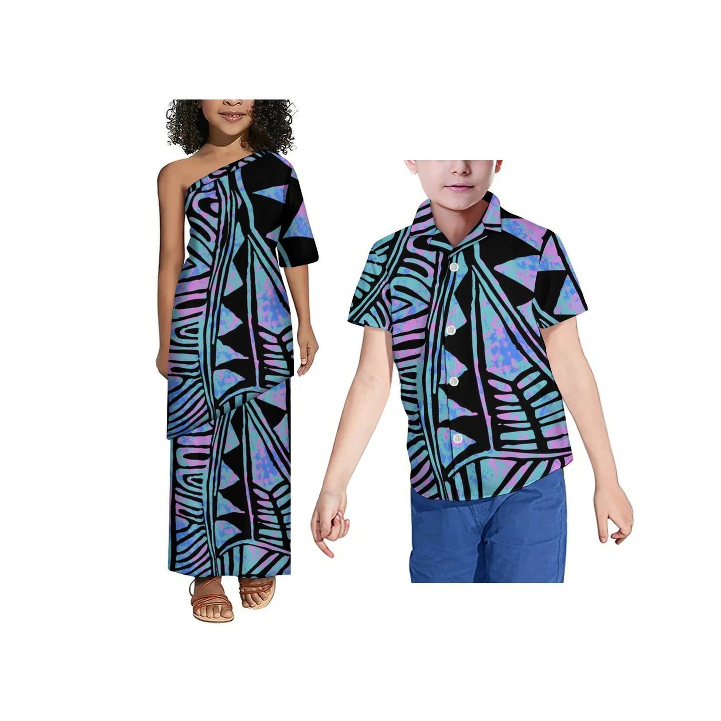 Drop Shipping Tonga Polynesian Tribal Print Summer Kids Off Shoulder Short Sleeve Dress Samoan Puletasi Clothes 2 Pieces Sets