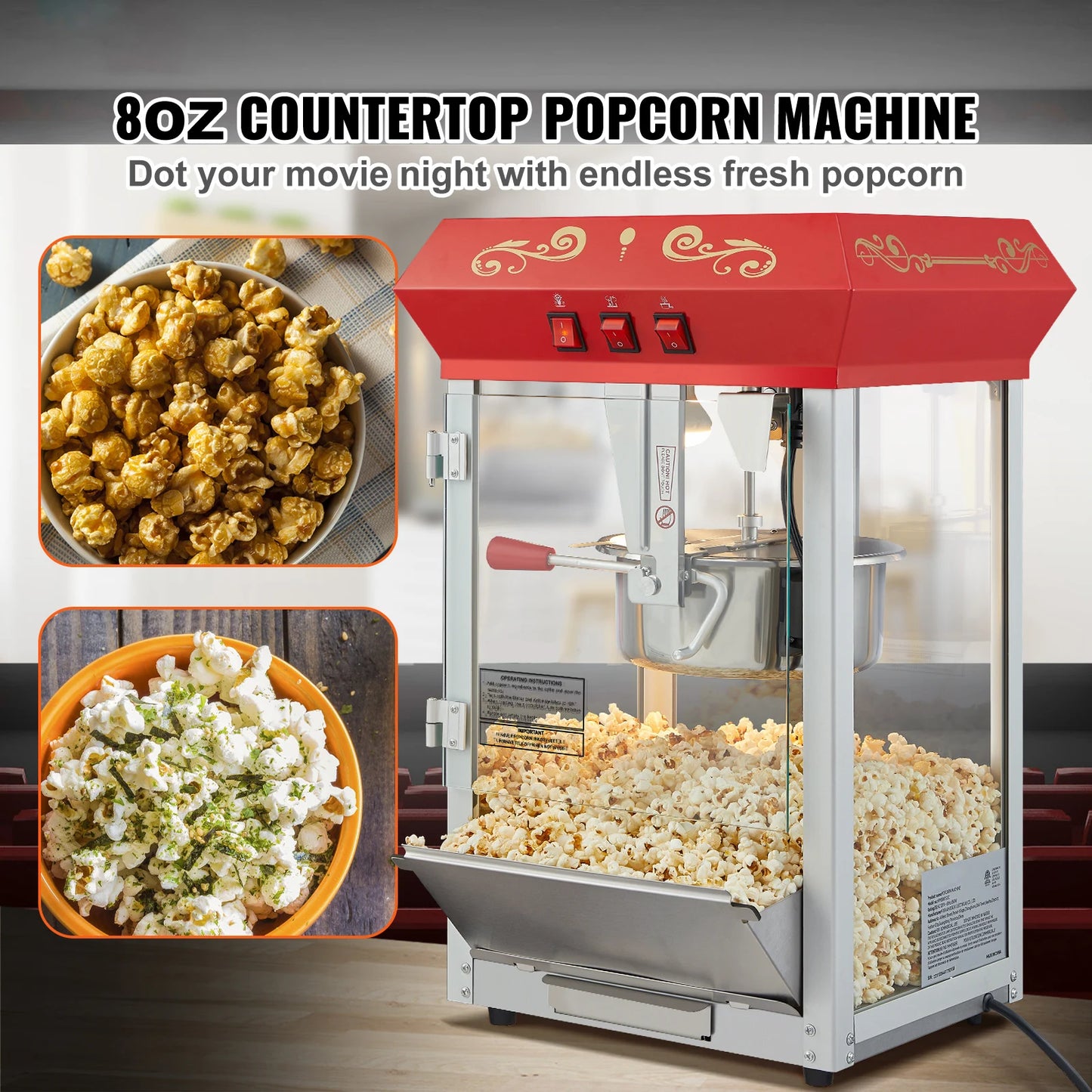 8/12Oz Electric Popcorn Maker Commercial Popper Machine  Automatic Corn Cookware with Scoop Spoon SUS304 Heating Tube