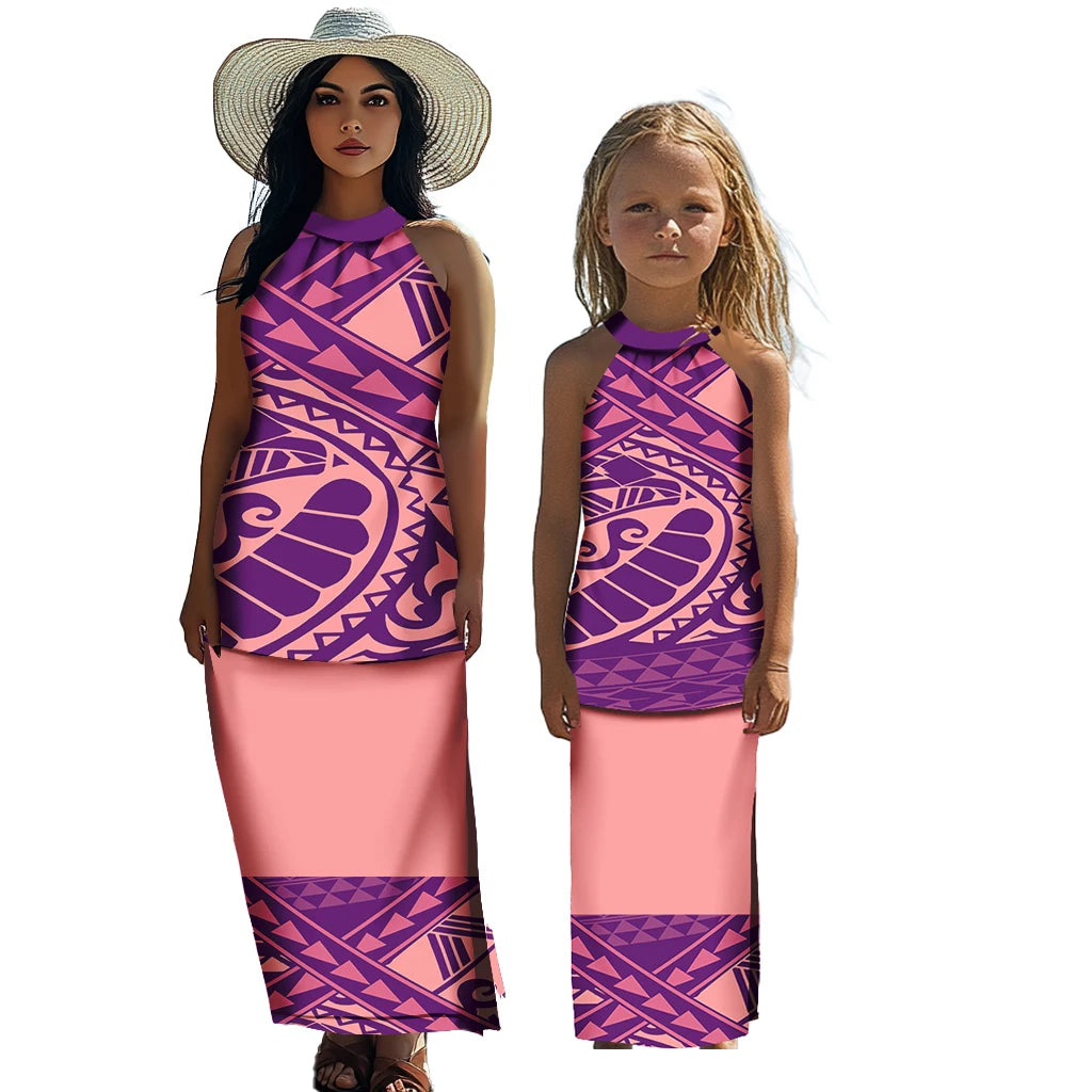 Polynesian Tribal Matching Family Outfits Samoan Puletasi Dress Toddler Girls Dresses Kids Clothes