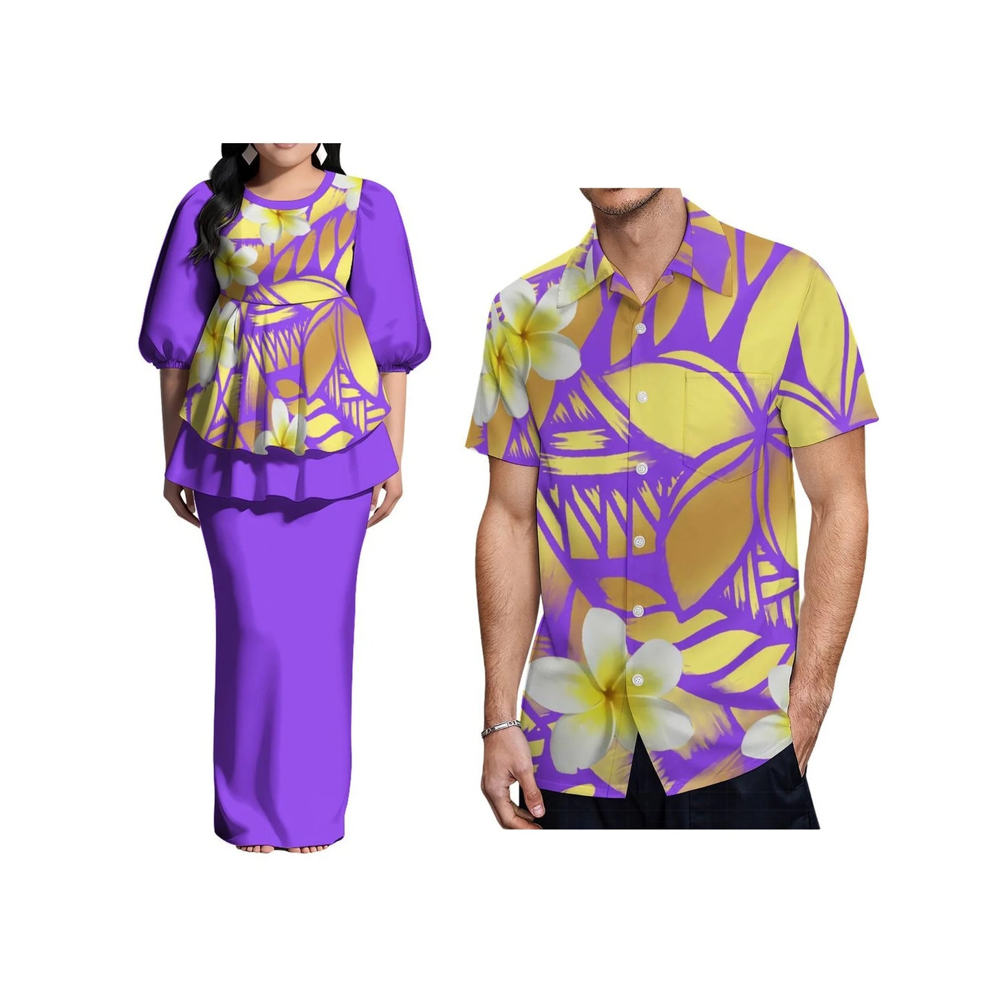 Ladies Puletasi Dress Samoan Print Polynesian Puff Half Sleeve Long Maxi Dress Back Slit Dress 2 Piece and Men's Aloha Shirts