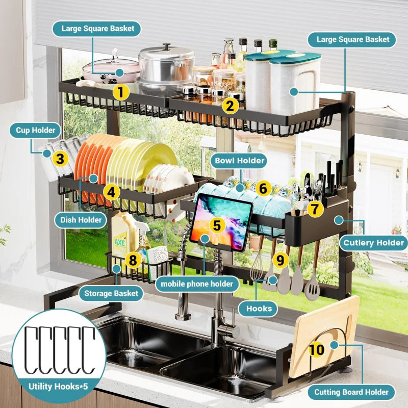 The Sink Dish Drying Rack (Expandable Height and Length) Snap-On Design 2 Tier Large Dish Rack