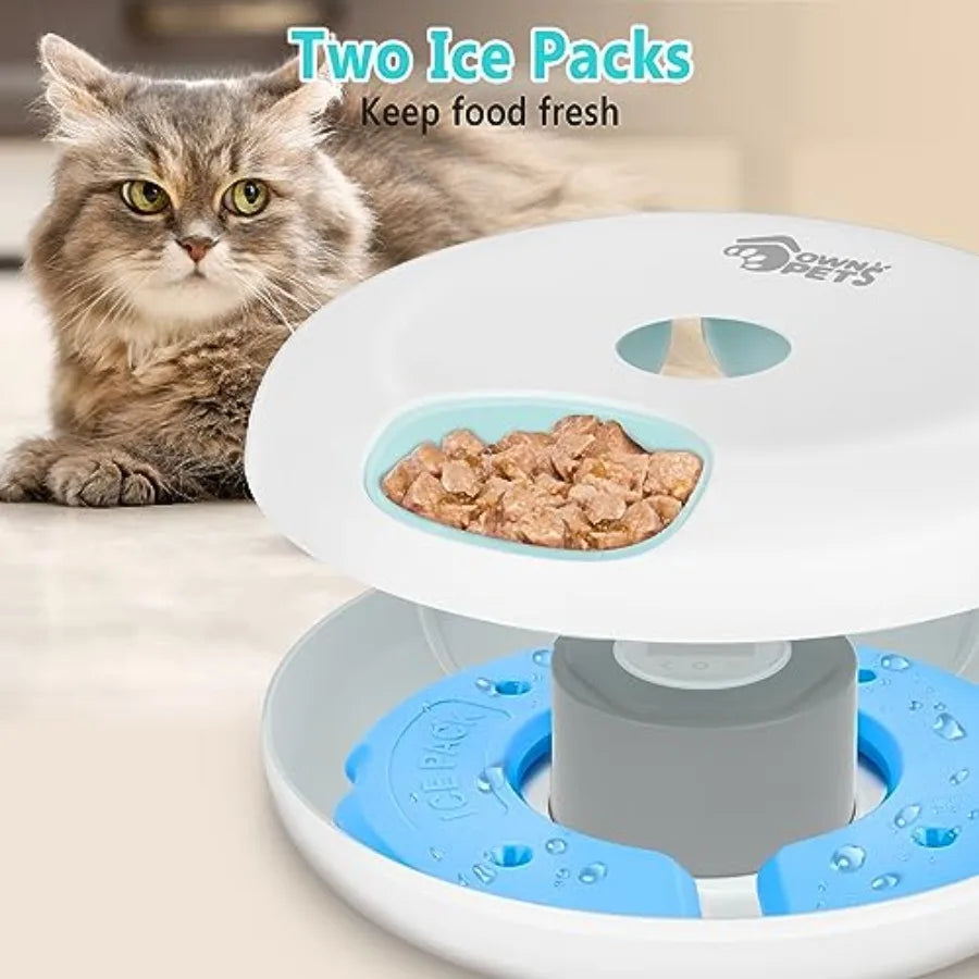6 Meals Automatic Pet Feeder for Wet/Dry Food with 2 Ice Packs, Programmable Timed Feeder Cordless Rechargeable Battery.