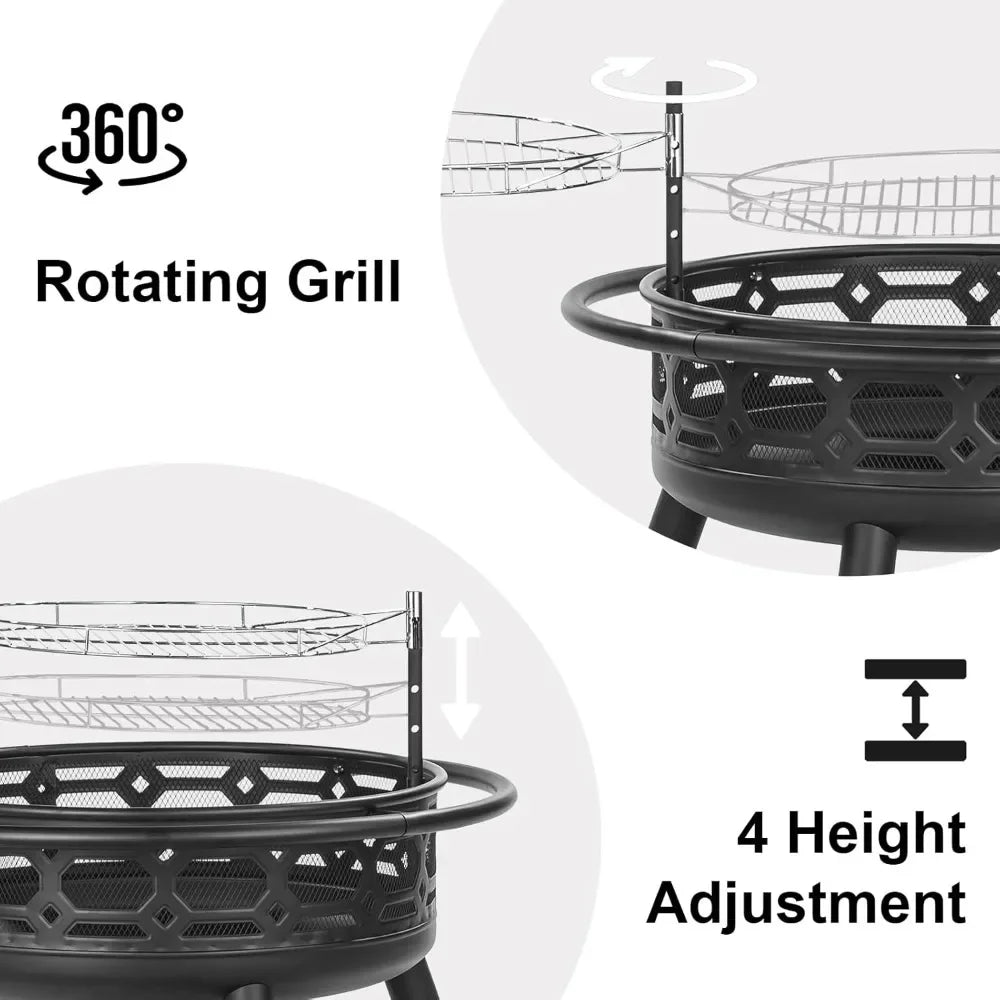 Outdoor Wood Burning Firepit with Removable Grill & Poker, Heavy Duty Metal Round Fireplace,2 in 1 Large Round Customized