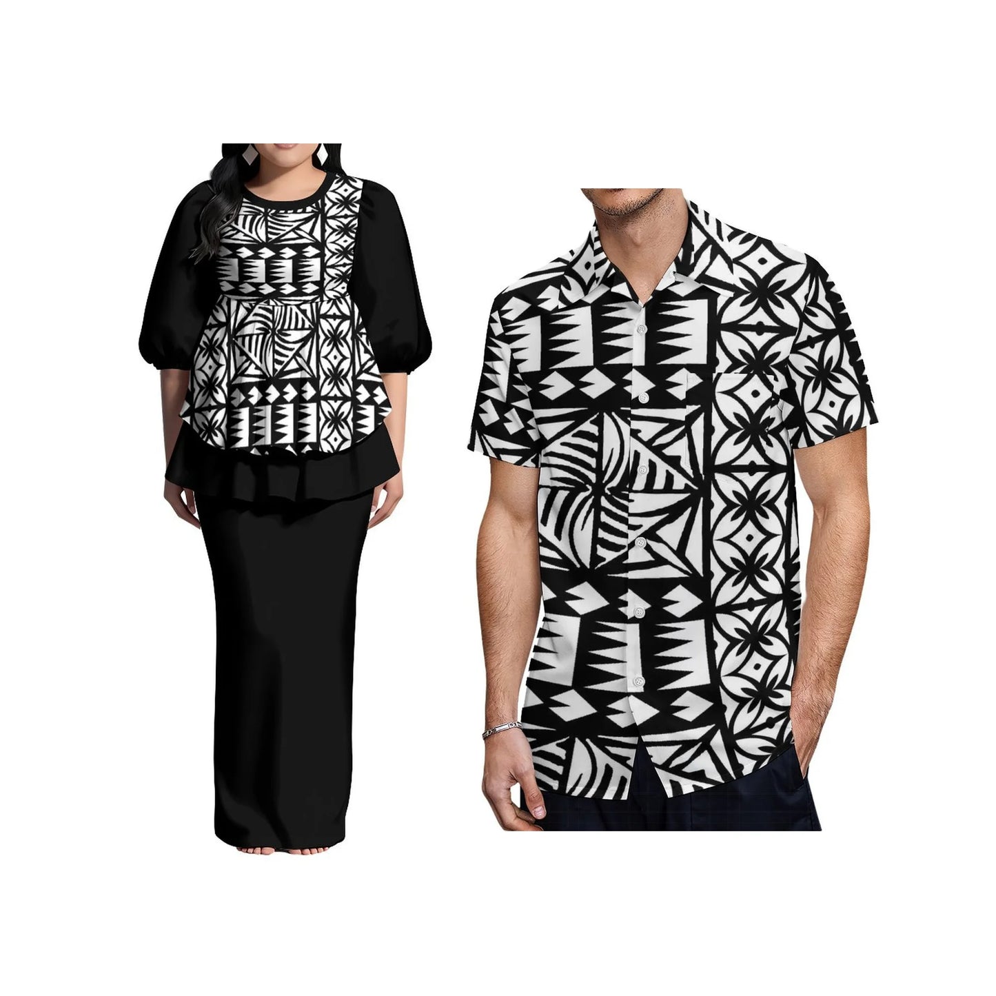 Ladies Puletasi Dress Samoan Print Polynesian Puff Half Sleeve Long Maxi Dress Back Slit Dress 2 Piece and Men's Aloha Shirts