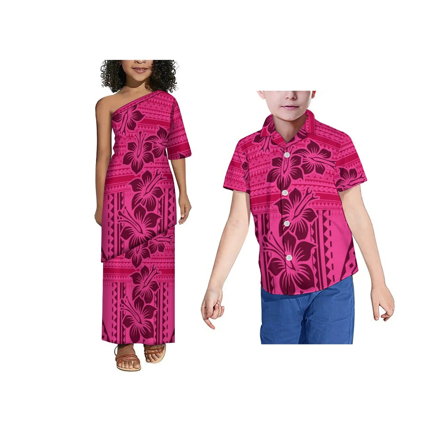 Hot Sale Custom Polynesian Tribal Print Girls Puletasi Kids Off Shoulder Toddler Dress Children 2 Piece Set Dress