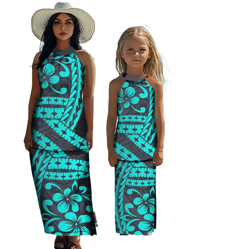 Polynesian Tribal Matching Family Outfits Samoan Puletasi Dress Toddler Girls Dresses Kids Clothes